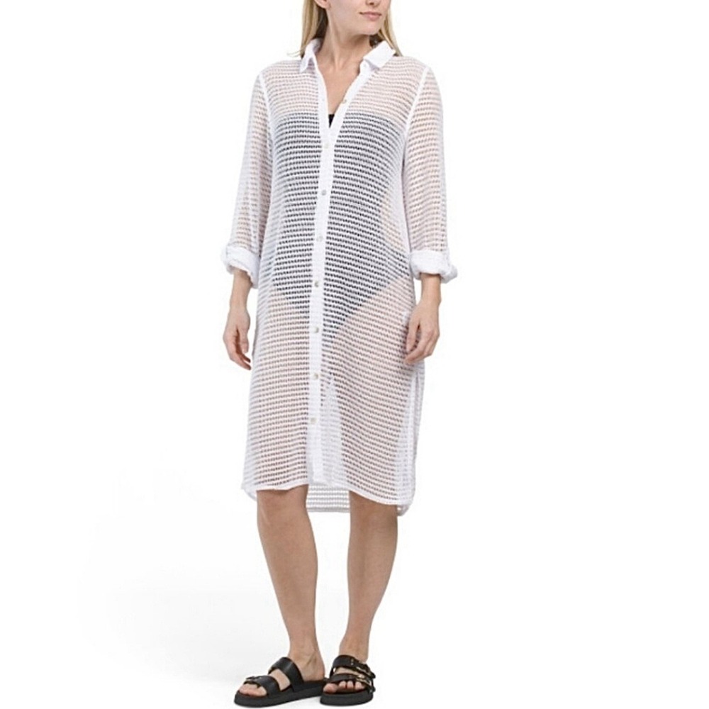 Haute Hippie Womens White Long Sleeve Sheer Like Button Up Dress Cover-up Size M